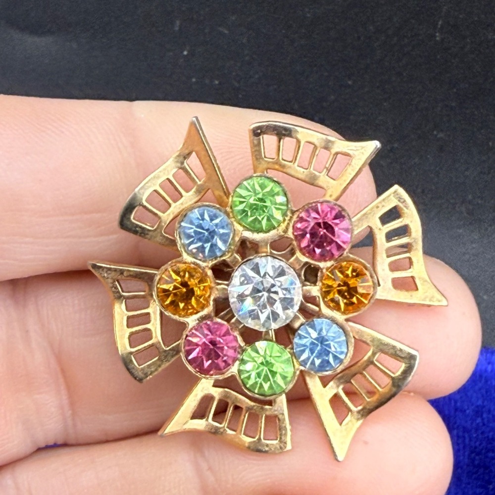 Vintage Rhinestone Brooch Gold Tone Pastel Fruit Salad Small